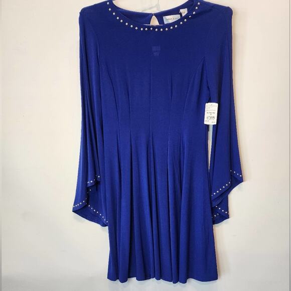 Emma & Michele New Blue Stretch Dress Bell Sleeves Party Dress Size M - Picture 3 of 13